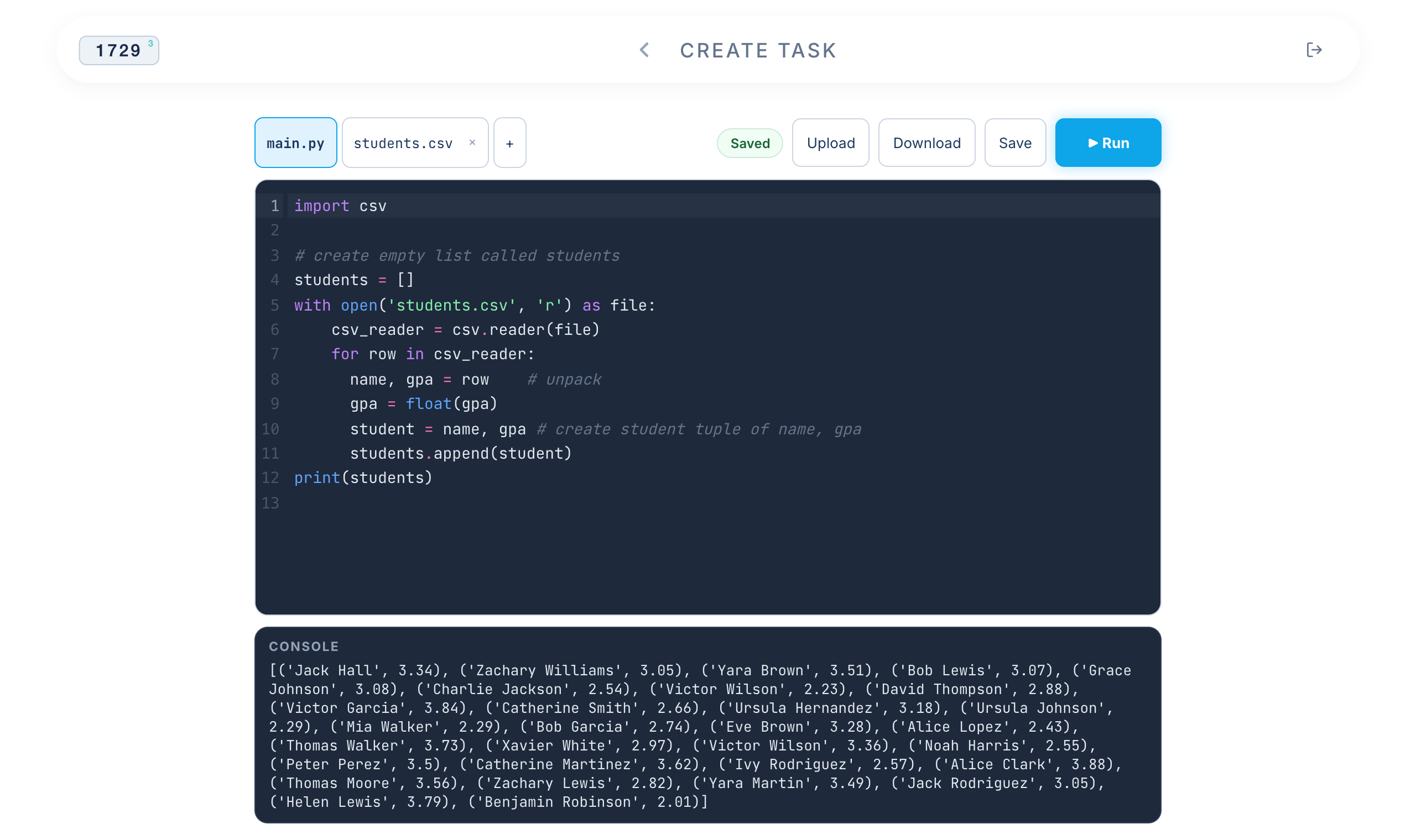 The built-in IDE running a Python program that reads a CSV file and prints the result