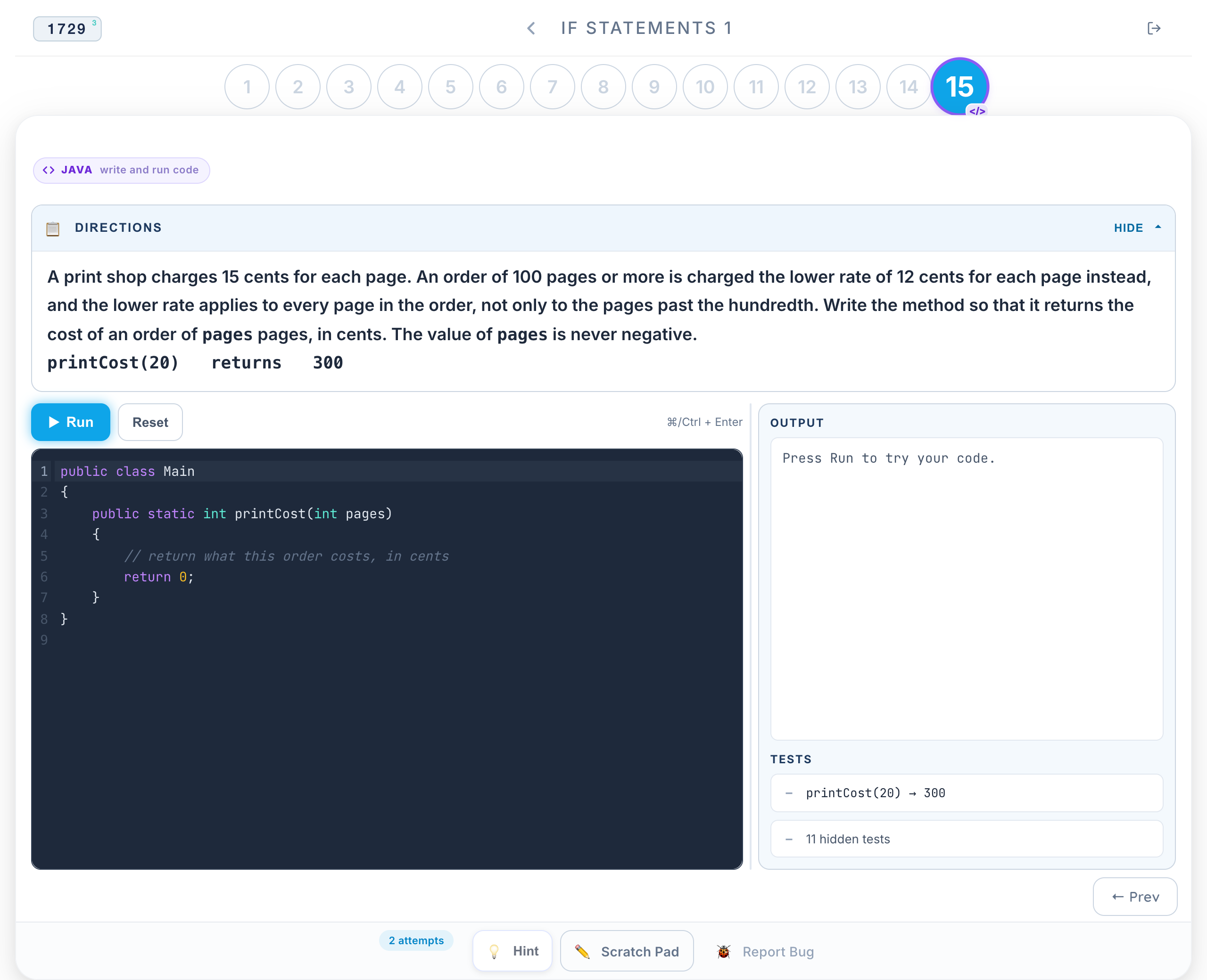 A Java coding problem with an editor, an output panel, and a list of tests