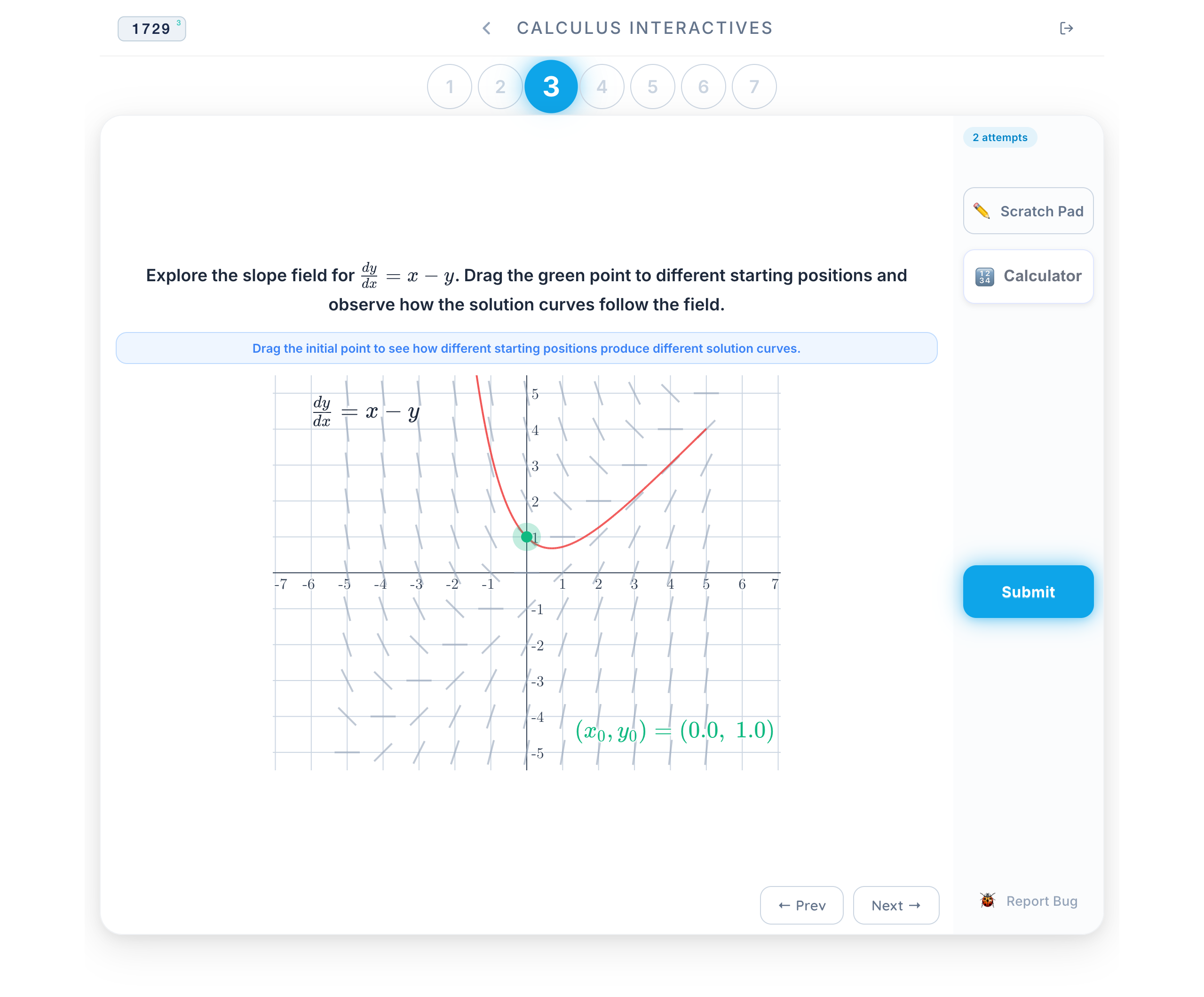 An interactive slope field with a draggable initial point and a solution curve