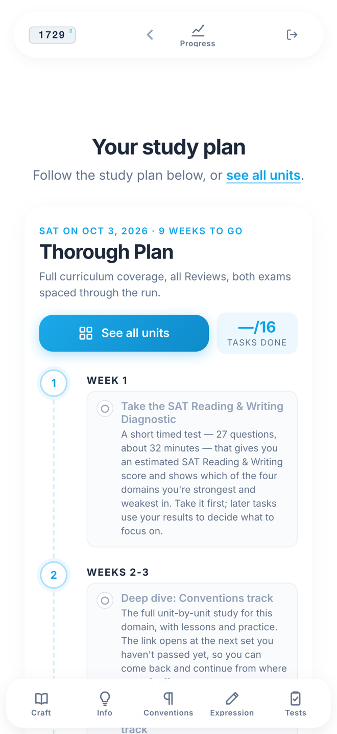 A week-by-week study plan with a test date at the top